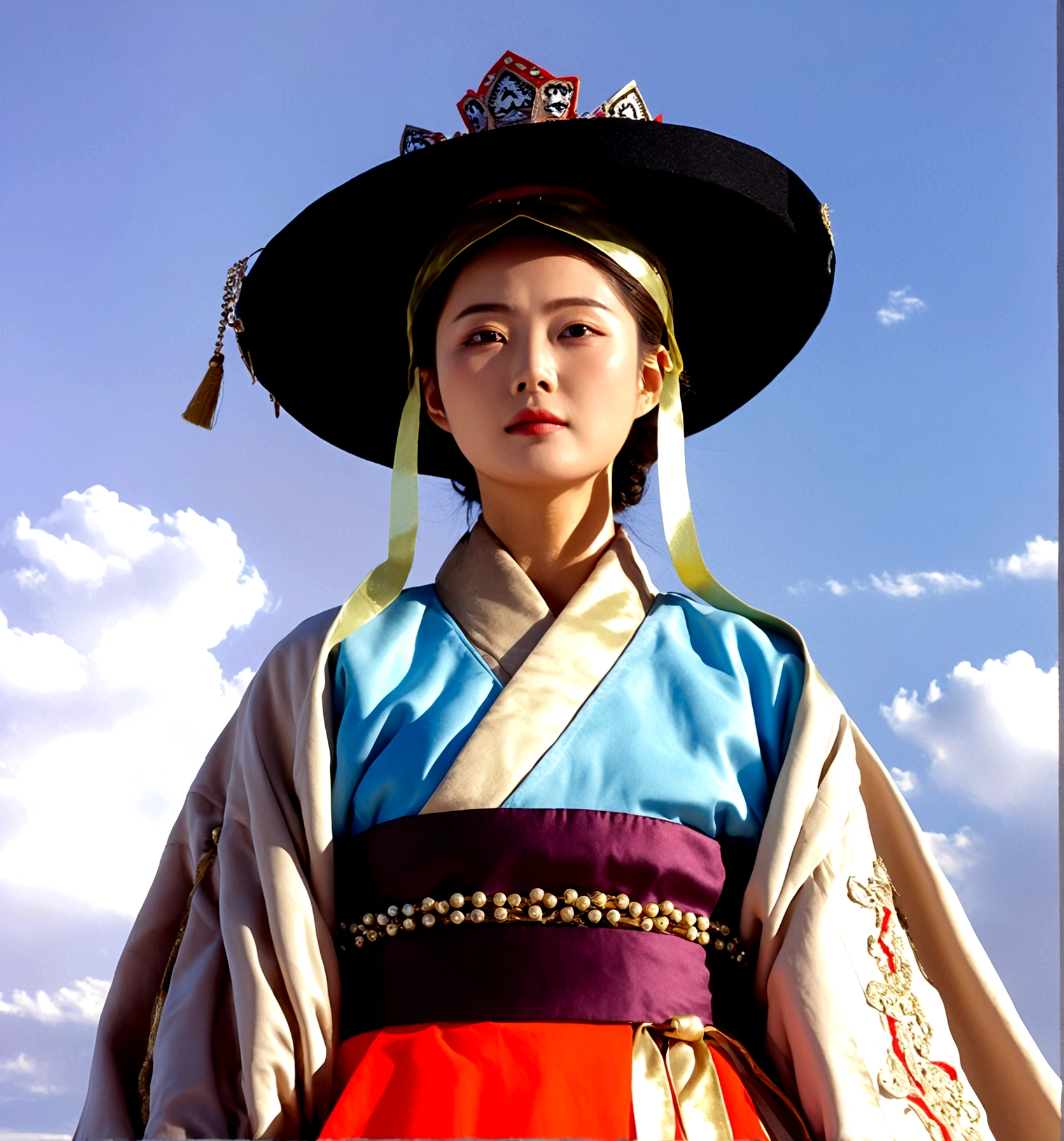 1girl, solo, looking at viewer, long sleeves, hat, closed mouth, upper body, outdoors, sky, day, cloud, blue sky, cloudy sky, crown, robe, korean clothes, traditional clothes, hanbok