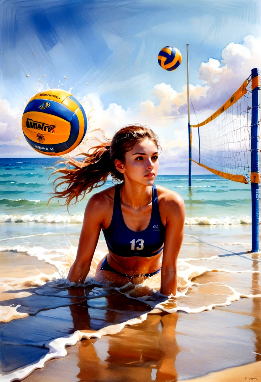 1girl, Beach Volleyball, watercolor painting of a volleyball, in the water on a beach, soft multilayered, perfect composition, complementary colors, fine details, masterpiece, best quality, very aesthetic, absurdres