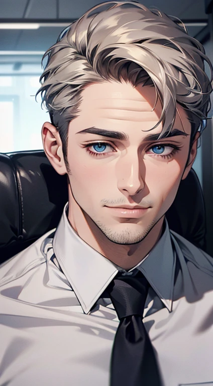 (best quality,4k,8k,highres,masterpiece:1.2),ultra-detailed,(realistic,photorealistic,photo-realistic:1.37),1 man,34 years old,mature man,very handsome,without expression smile in love,short grey hair,blue eyes,penetrating gaze,perfect face without errors,imposing posture,businessman,office background,cinematic lighting,hdr image