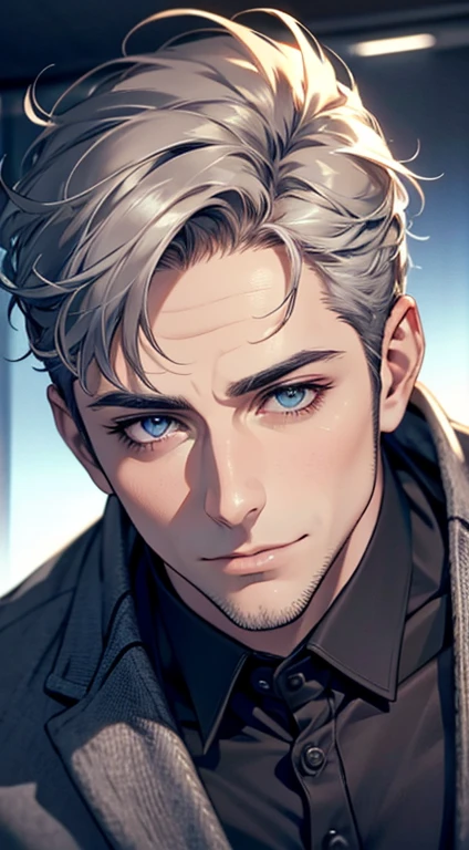 (best quality,4k,8k,highres,masterpiece:1.2),ultra-detailed,(realistic,photorealistic,photo-realistic:1.37),1 man,34 years old,mature man,very handsome,without expression smile in love,short grey hair,blue eyes,penetrating gaze,perfect face without errors,imposing posture,businessman,office background,cinematic lighting,hdr image