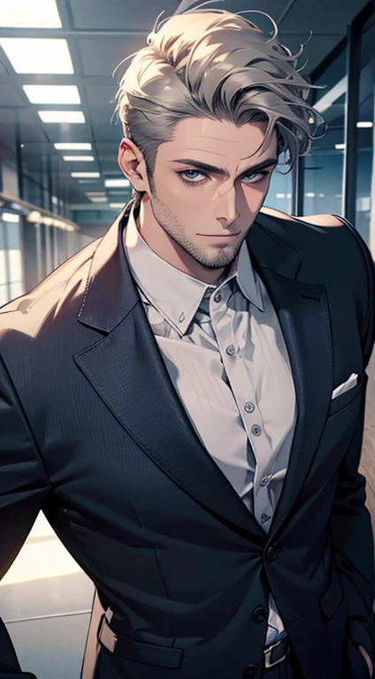 (best quality,4k,8k,highres,masterpiece:1.2),ultra-detailed,(realistic,photorealistic,photo-realistic:1.37),1 man,34 years old,mature man,very handsome,without expression smile in love,short grey hair,blue eyes,penetrating gaze,perfect face without errors,imposing posture,businessman,office background,cinematic lighting,hdr image