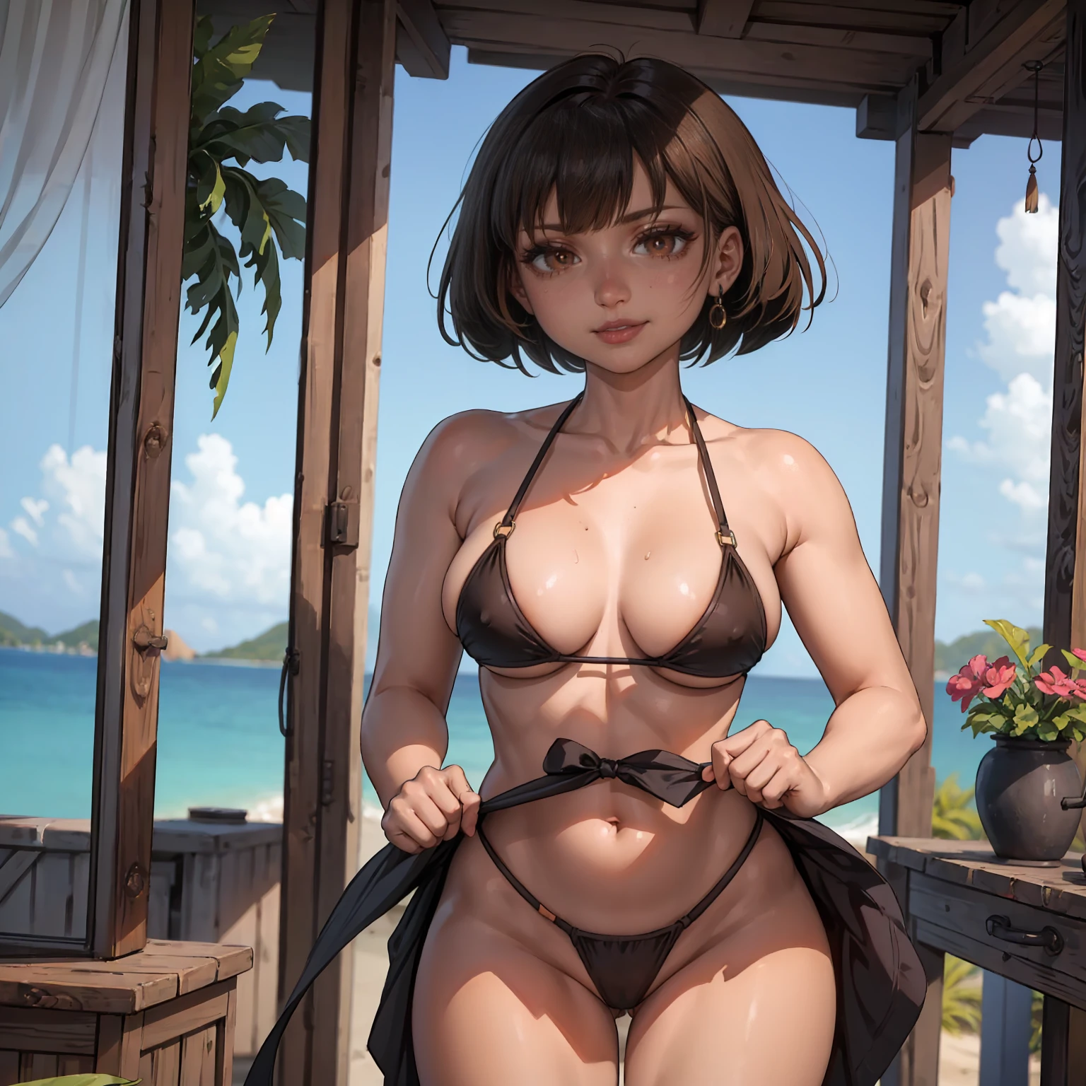 Dora, ((short hair, brown eyes, bangs, glowing brown eyes, wide eyes, lipstick, makeup, narrow waist, skinny, medium breasts, earrings, alone)), pelvic curtain, ((black bikini)), full body, perfect body, (insanely detailed, beautiful detailed face, masterpiece, best quality) , (((solo))), (((1girl))), (((mature))), (extremely detailed 8k paper CG wall unit: 1.1), (beach, ocean, dusk), (smile face for the viewer),