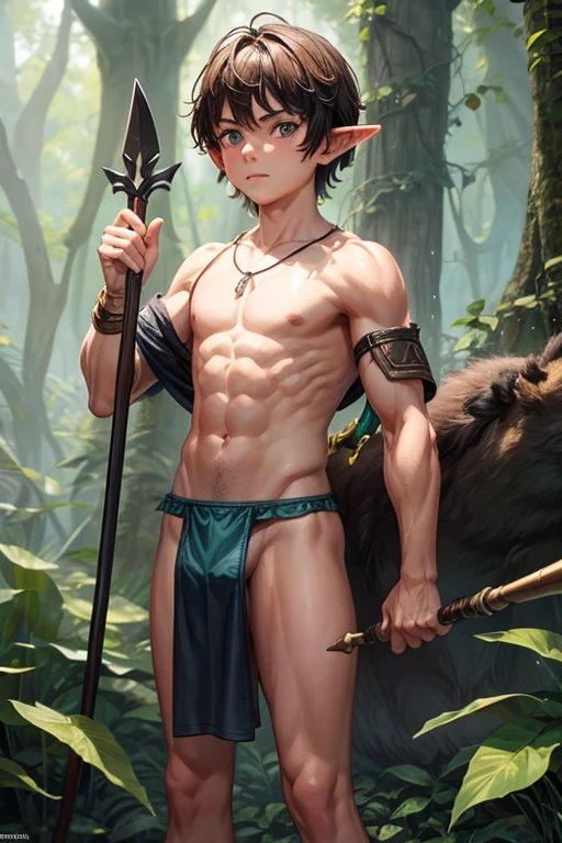 a ten year old elf boy,wearing a tiny low cut  speedo bear chest holding a spear standing in a defensive posture,facing the viewer,full body in a forest,agedown, , ,elf, boy,