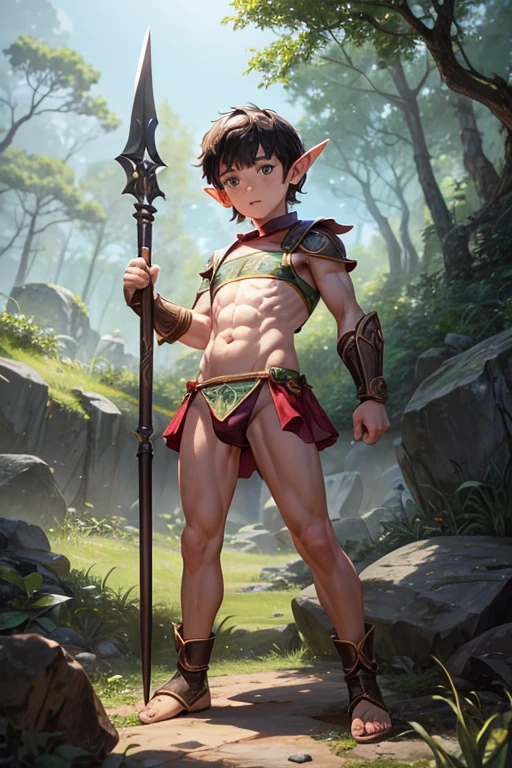 a  elf boy,wearing a tiny low cut  speedo bear chest holding a spear standing in a defensive posture,facing the viewer,full body in a forest,agedown, , ,elf, boy,