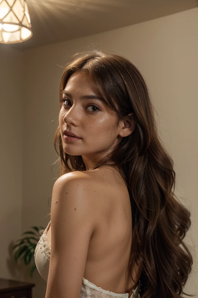 Create a very realistic and beautiful model with the following detailed features: Gender: Female, Age: Young adult (approximately 20-25 years old), Hair: Long, wavy and reddish with a natural shine, gently cascading around the shoulders and back back. . . . . . . . , Eyes: Bright green with a captivating, slightly almond-shaped look, detailed with natural highlights, Skin: Fair complexion with a light texture, including natural freckles on the nose and cheeks, giving a youthful and vibrant appearance: Fair complexion with a light texture, including natural freckles on the nose and cheeks, giving a youthful and lively appearance, Face: with a smooth and natural contour, soft, full lips with a slight pinkish tint and a slightly delicate upturned nose, Expression : a naughty face, with a touch of mischief, which conveys warmth and approachability, Clothing: bright black lace corset, sexy and detailed, naughty and delicate, Context: in a completely (dark: 1.1) open room with lighting ( only: 1.1) (soft (volumetric: 1.1) (chiaroscuro: 1.2) of a large softbox directly above and in front of it: 1) (volumetric: 1.1) (light: 1.1) minimalist and slightly blurred for keep the focus on the model, such as a comfortable, well-lit room, neutral-toned room, Pose: a relaxed, confident posture, arms slightly at the sides of the body or face facing the camera. open legs, pussy, extremely hyper aesthetic, Unsplash, Neoclassicism, Complex background, Best quality, hyper detailed, Gratty Sita, 64K, Light design