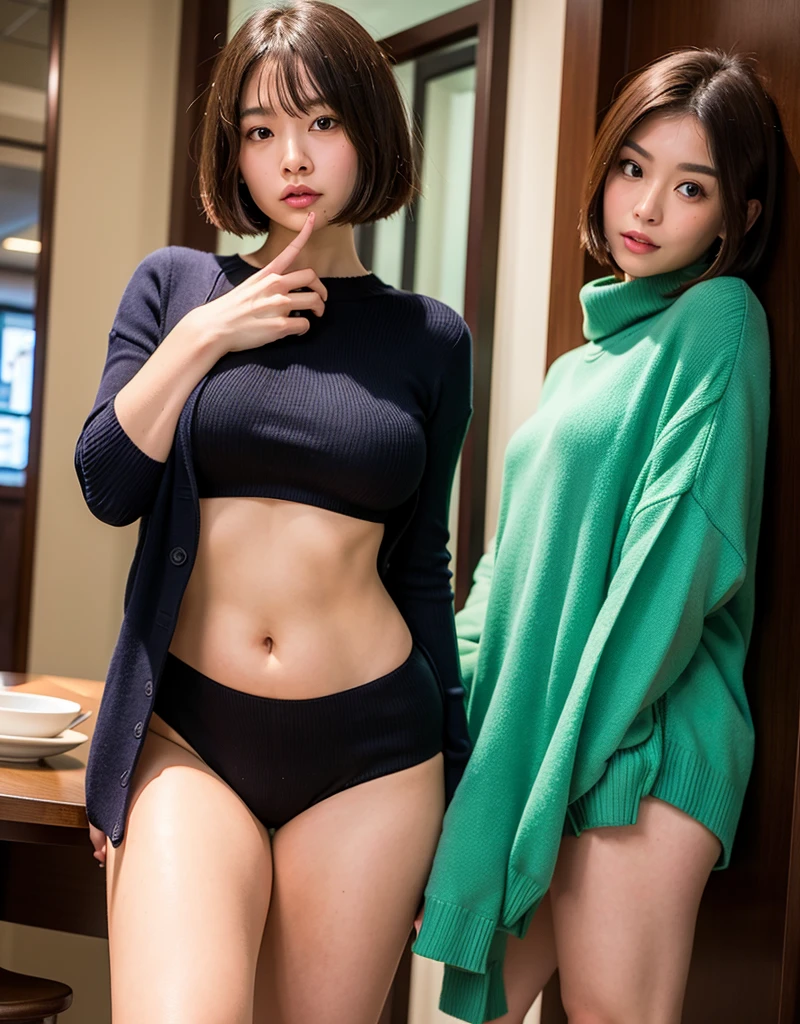 young、10th Generation，Huge breasts、Huge breasts、Thicken your thighs、Thick thighs、Plump body、Women with long legs、Pause(Standing posture)、sweater、No underwear、Black long socks、Small face、Asian Face、Facial beauty、Short Hair、Overall view、Beautiful Face、A beautiful face