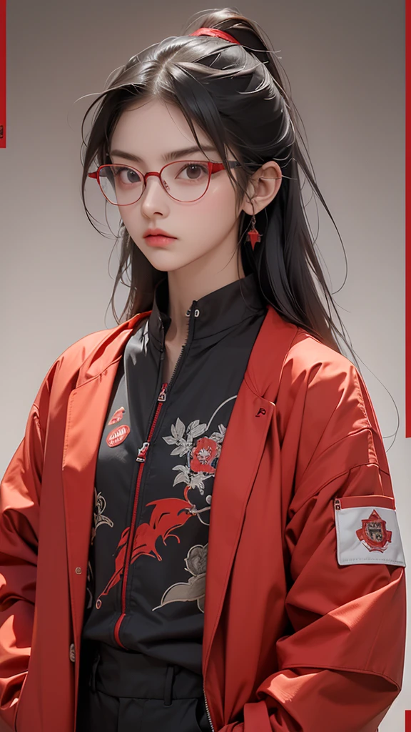 (Highest quality:1.2)。One Woman。Glasses。Angry expression。(Wearing a red jacket)。(standing)。The background is a black。(the word SELA is written on his jacket )