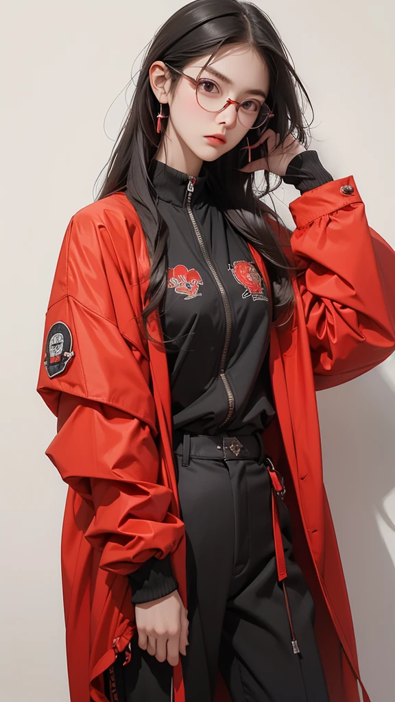 (Highest quality:1.2)。One Woman。Glasses。Angry expression。(Wearing a red jacket)。(standing)。The background is a black。(the word SELA is written on his jacket ) 