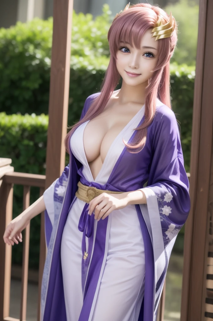 lacusclyne, lacus clyne, (purple eyes:1.1), hair ornament, long hair, wave hair ornament, pink hair, smile, open mouth,
BREAK kimono, purple kimono,
BREAK 1girl, 20 years old, (Generous Breasts:1.2), Plump shape, 
BREAK looking at viewer, (cowboy shot:1.5),
BREAK outdoors, space, star \(sky\), sun, 
BREAK (Highest quality、4K、8K, masterpiece:1.3), Ultra detailed face, Detailed lips, Detailed eyes, double eyelid, BREAK, (Encouraging smile:1.3), (Seductive pose:1.5), (dynamic pose:1.3), dynamic angle, BREAK, 