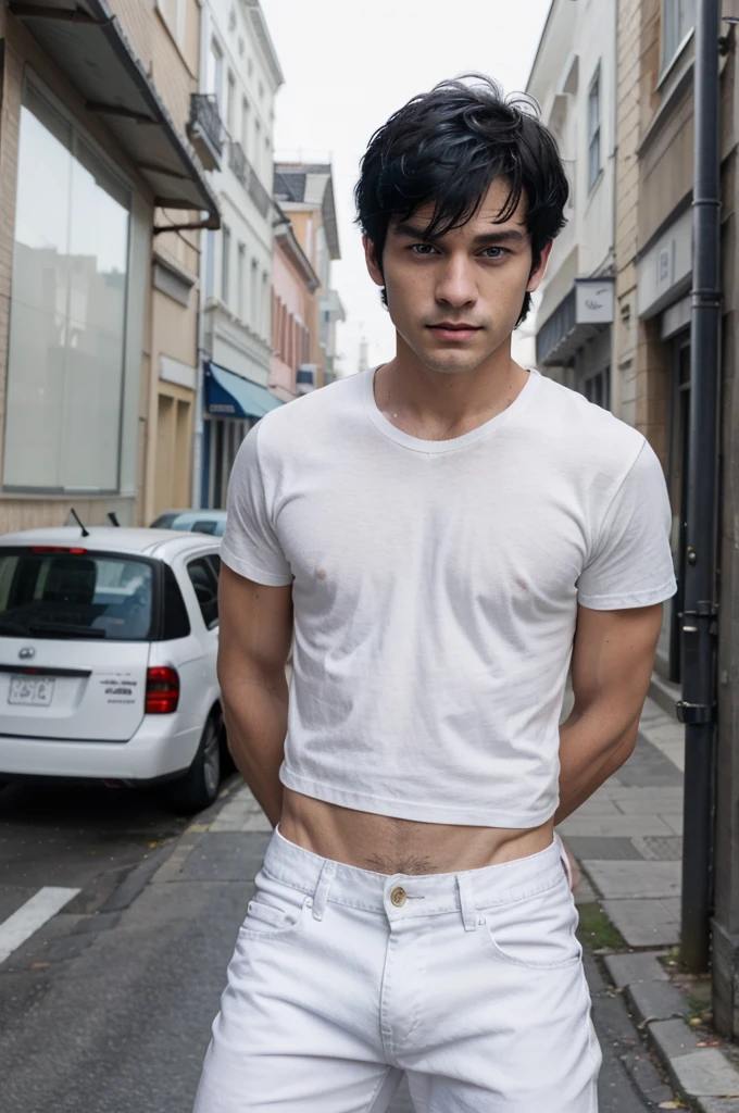 1boy, short black hair, blue eyes, wearing plain white shirt, black jeans, city, absurdres, high res, ultrasharp, 8K, masterpiece, looking at viewer
