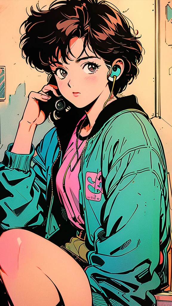 Short brown hair, girl, 90s Vintage, Romance Anime Style, cardigan, Lip gloss, Headphones,cassette tape,I have a Walkman,Sitting in the DJ room