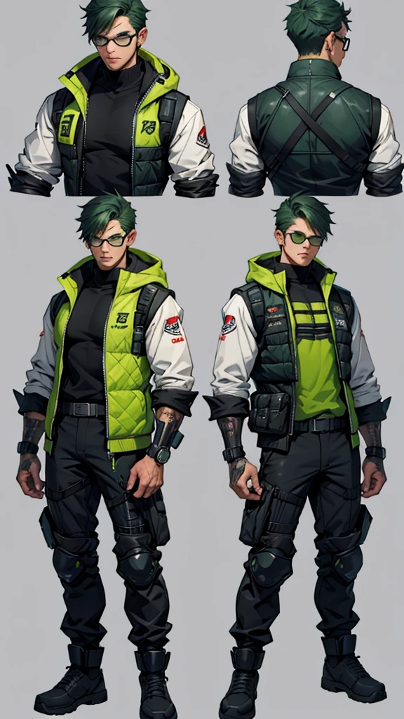 Character design sheet、Green short hair、Glasses、male、Tactical Vest、whole body、cyber punk