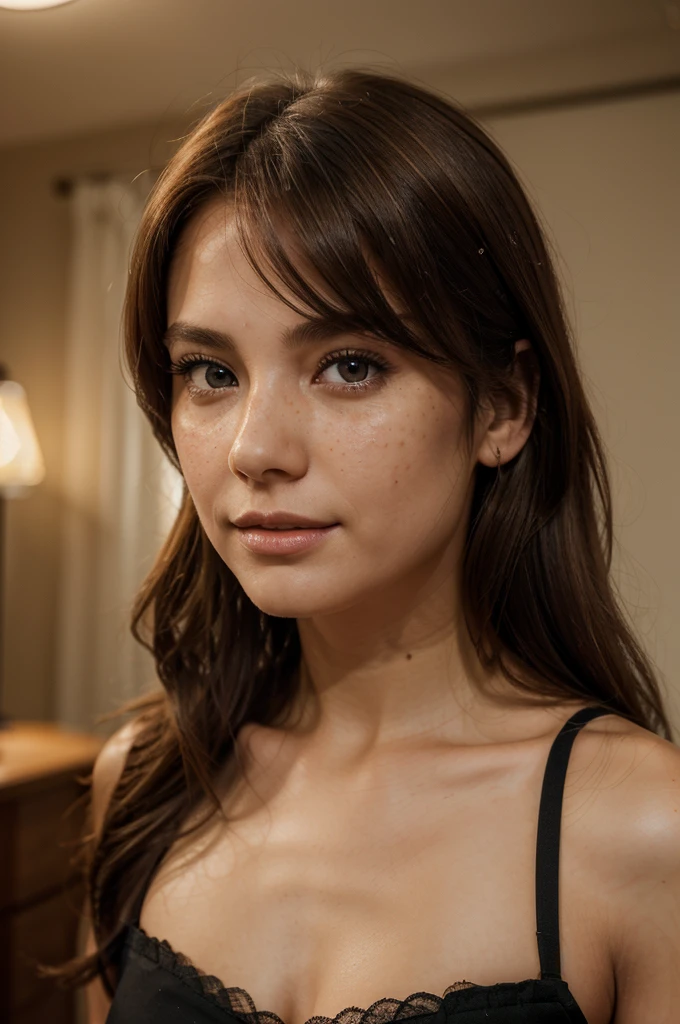 Create a very realistic and beautiful model with the following detailed features: Gender: Female, Age: Young adult (approximately 20-25 years old), Hair: Long, wavy and reddish with a natural shine, gently cascading around the shoulders and back back. . . . . . . . , Eyes: Bright green with a captivating, slightly almond-shaped look, detailed with natural highlights, Skin: Fair complexion with a light texture, including natural freckles on the nose and cheeks, giving a youthful and vibrant appearance: Fair complexion with a light texture, including natural freckles on the nose and cheeks, giving a youthful and lively appearance, Face: with a smooth and natural contour, soft, full lips with a slight pinkish tint and a slightly delicate upturned nose, Expression : a naughty face, with a touch of mischief, which conveys warmth and approachability, Clothing: bright black lace corset, sexy and detailed, naughty and delicate, Context: in a completely (dark: 1.1) open room with lighting ( only: 1.1) (soft (volumetric: 1.1) (chiaroscuro: 1.2) of a large softbox directly above and in front of it: 1) (volumetric: 1.1) (light: 1.1) minimalist and slightly blurred for keep the focus on the model, such as a comfortable, well-lit room, neutral-toned room, Pose: a relaxed, confident posture, arms slightly at the sides of the body or face facing the camera. open legs, pussy, extremely hyper aesthetic, Unsplash, Neoclassicism, Complex background, Best quality, hyper detailed, Gratty Sita, 64K, Light design