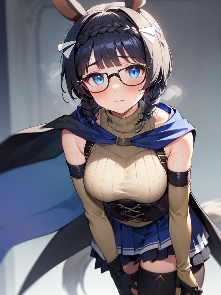 (((zenno rob roy, umamusume,))) braids, blunt cut, medium hair, braid, silver hair, blue eyes, droopy eyes, pale skin, glasses, cute face, huge breasts, blush, embarrassed, wet skin, shiny skin, sweat, steam, humid, ((((beige Turtleneck Sweater, Bare shoulder, black elbow gloves, blue corset skirt, black thighhighs, blue cape,)))) see-through, 