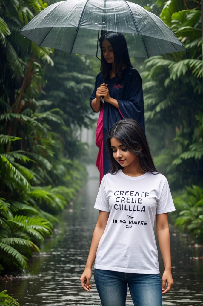 Create a girl image holding an umbrella in a rainfall and "puja" name is written on her t-shirt in a beautiful nature background 