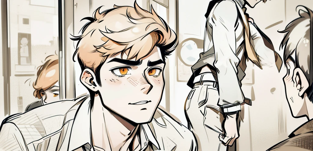 two young men of 18 years walk sad worried thoughtful through high school orange hair orange eyes