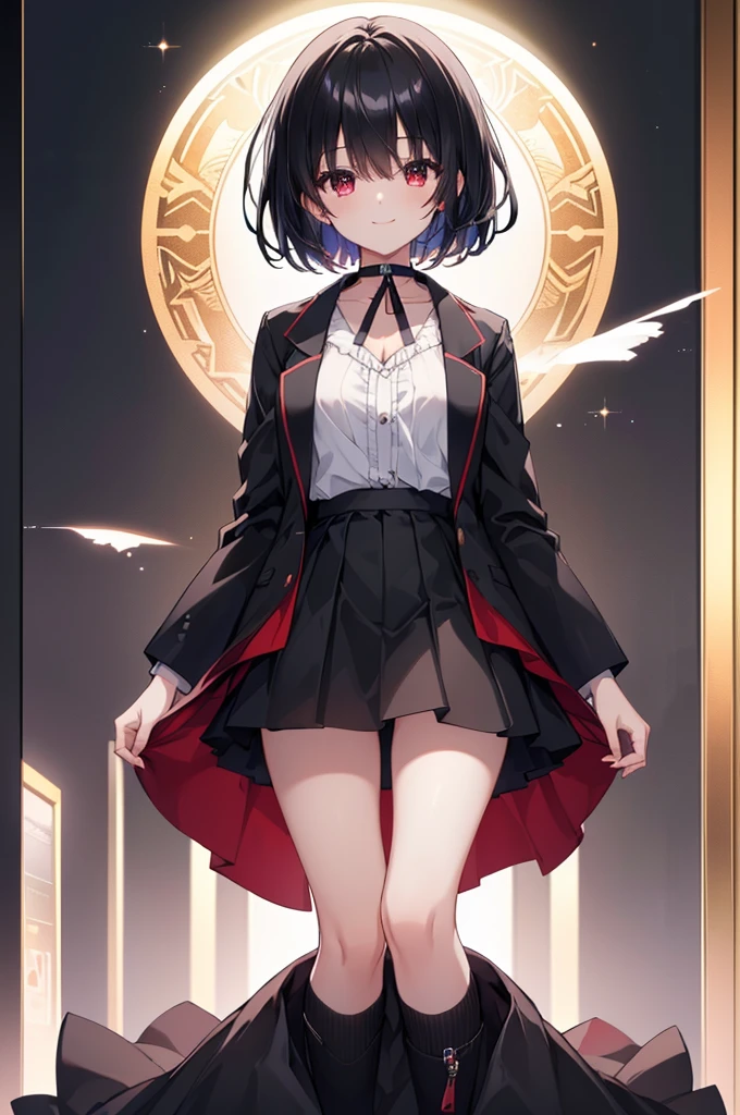 (masterpiece, highest quality, highest quality, (No text), Beautiful and aesthetic:1.2),No text,アニメ、BREAK,One Girl,Black Hair Girl short hair older sister choker Tree Eyes Beautiful eyes Red eyes cool smile Red and Black Black jacket mini skirt whole body In town