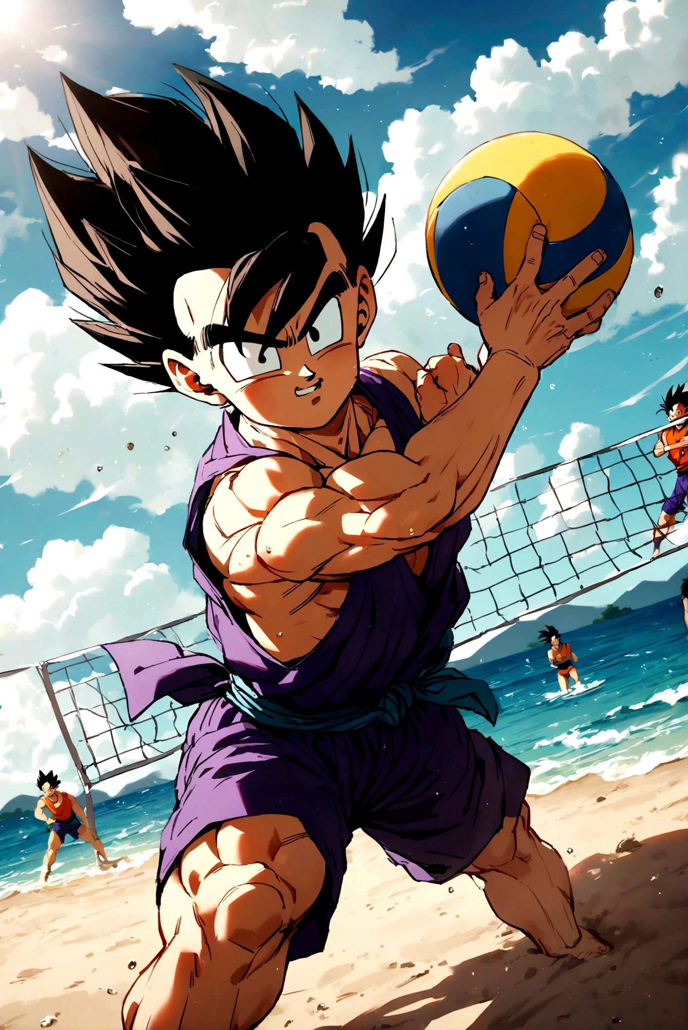 1boy, male focus, piccolo, dragon ball, playing beach volleyball