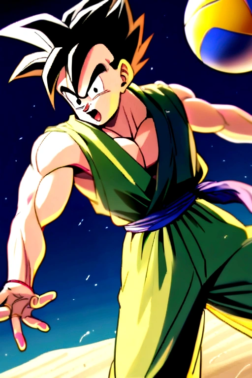 1boy, male focus, piccolo, dragon ball, playing beach volleyball
