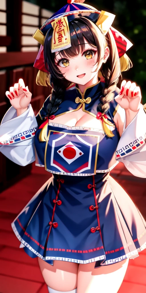 masterpiece, best quality, 4k, 8k, 1girl, solo, long hair, blunt bangs, side braid, black hair, droopy eyes, big eyes, ruby red eye, lemon yellow  eye, heterochromia, slender frame, evil smile, large breasts, ofuda, jiangshi costume:1.2, fang, horror, coffin, forest, midnight, fog, from front, cowboy shot, look at viewer, paw pose,