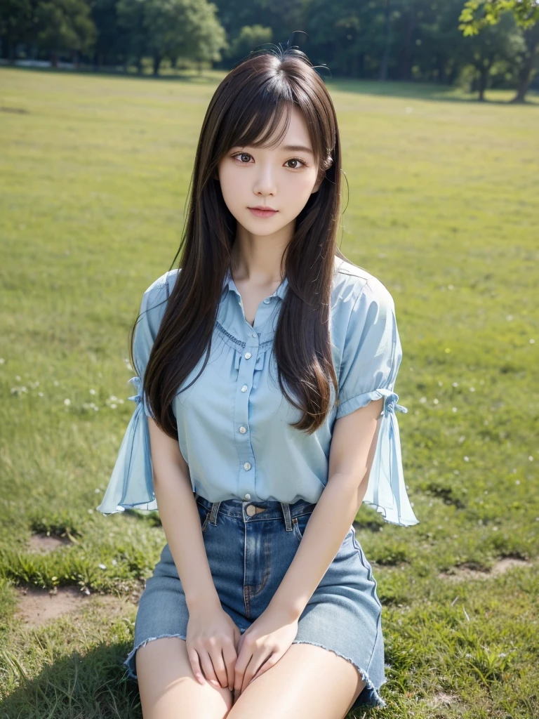 Denim skirt 、Chiffon blouse、(Highest quality)、((Very detailed))、4K、(8K)、masterpiece、Very detailedな、Highest quality、Super Resolution、1 person、Kind Face、Soft Light、RAW quality、Soft Skin、163cm、30 years old、knees、grass