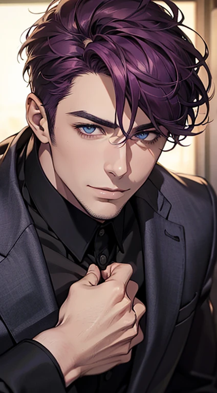 (best quality,4k,8k,highres,masterpiece:1.2),ultra-detailed,(realistic,photorealistic,photo-realistic:1.37),1 man,35 years old,mature man,very handsome,without expression smile in love,short purple hair,blue eyes,penetrating gaze,perfect face without errors,imposing posture,businessman,office background,cinematic lighting,hdr image