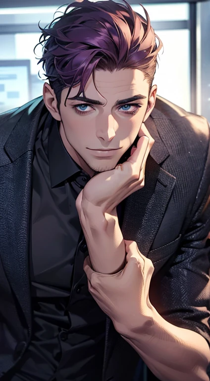 (best quality,4k,8k,highres,masterpiece:1.2),ultra-detailed,(realistic,photorealistic,photo-realistic:1.37),1 man,35 years old,mature man,very handsome,without expression smile in love,short purple hair,blue eyes,penetrating gaze,perfect face without errors,imposing posture,businessman,office background,cinematic lighting,hdr image