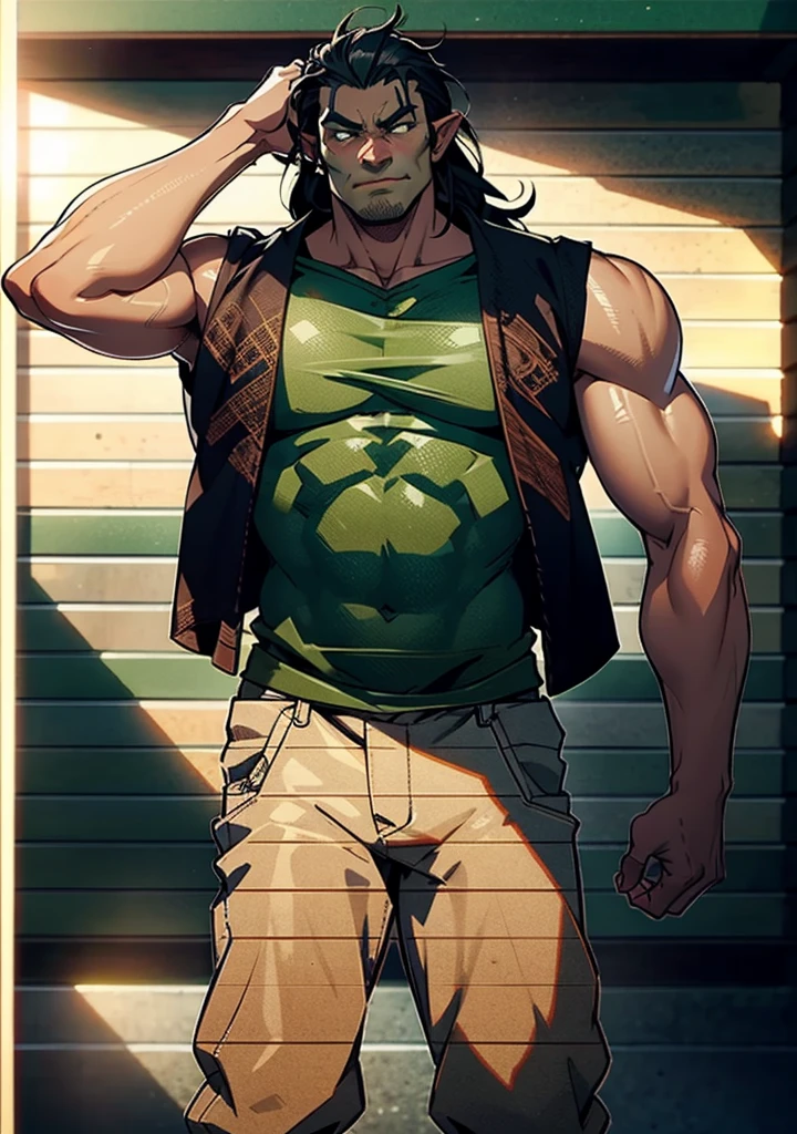 Tall, Muscular Green Half-Orc, elf ears, medieval clothes, black hair long, greenskin