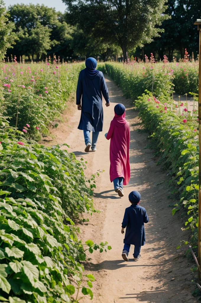 A hijabi girl and a Punjabi-reading boy are strolling in a watermelon garden