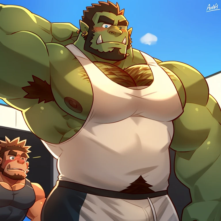 a large and extremely muscular orc warrior,highly masculine orc,rugged orc features,thick body hair orc,orc wearing Athelete clothes, Hairy, Armpits, bara, musky, Piercings, Barbarian, Modern Gym ,best quality, anime, Masculine, bara, Tanktop, full-body, getting jealous looks, Handsome, bara,