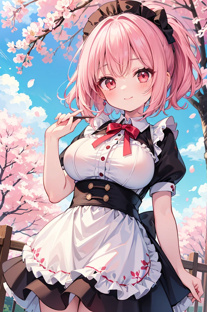 ((Masterpiece)),((high resolution)),((Best Quality)),Anime illustration,(((1girl))),,(wavy hair),(short hair),(pale pink hair color),small ponytail,Red eyes,(Big round eyes),((tareme)),15 years old,((loli face)),((very big breasts)),Short stature,,Maid clothes,smile,Ladylike,cherry blossoms,