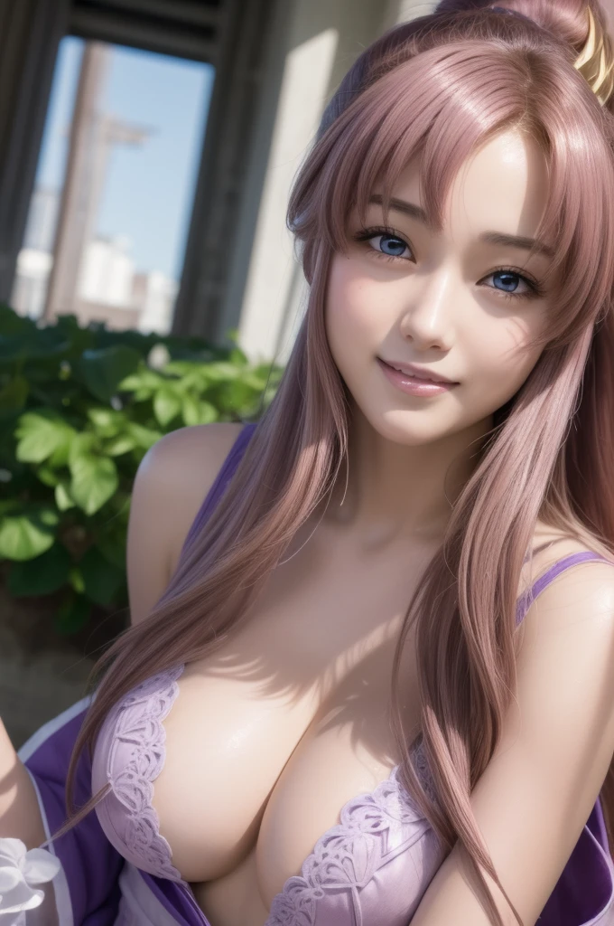 lacusclyne, lacus clyne, (purple eyes:1.1), hair ornament, long hair, wave hair ornament, (pink hair), smile, open mouth,
BREAK kimono, purple kimono,
BREAK 1girl, 20 years old, (Generous Breasts:1.2), Plump shape, 
BREAK looking at viewer, (cowboy shot:1.5),
BREAK outdoors, space, star \(sky\), sun, 
BREAK (Highest quality、4K、8K, masterpiece:1.3), Ultra detailed face, Detailed lips, Detailed eyes, double eyelid, BREAK, (Encouraging smile:1.3), (Seductive pose:1.5), (dynamic pose:1.3), dynamic angle, BREAK, 