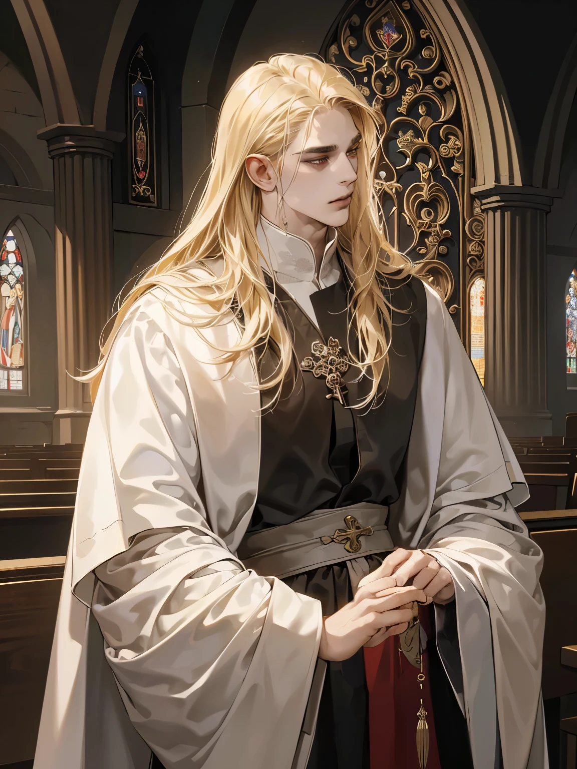 (old,priest-like,male face,detailed face,Ecclesiastical clothing,medieval time,religious works of art:1.1,dark background,rich colors,soft lighting) long hair, blonde hair, white robe, In the Gothic Church, white robe, cross, churchman, heavenly eyes