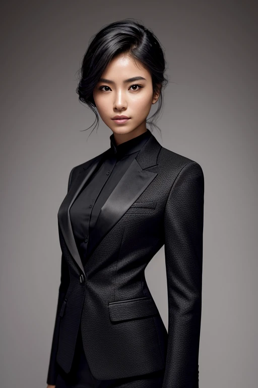 (Masterpiece, top quality, anatomically correct, textured skin, 8K) Alafed woman in black suit posing for photo, portrait inspired by Tadashi Nakayama, Flicker, What is it? , bisexual, jacket with upper body, wearing black aristocratic suit, bisexual person, wearing black suit, girl in suit, wearing black modern clothes, portrait of bisexual girl, fashion portrait photography