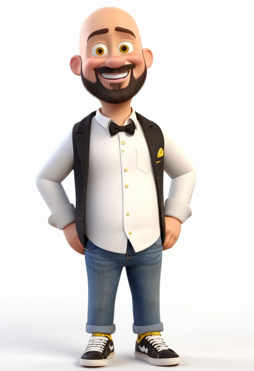 Fun boy character, disney pixar style, 3d, yellow skin color, very small, baldie, but with a beard and mustache, eyes browns, jeans, black sneakers, white blouse with black blazer, standing, de corpo todo, chubby body, with happy face, Grinning, White background, 8k quality
