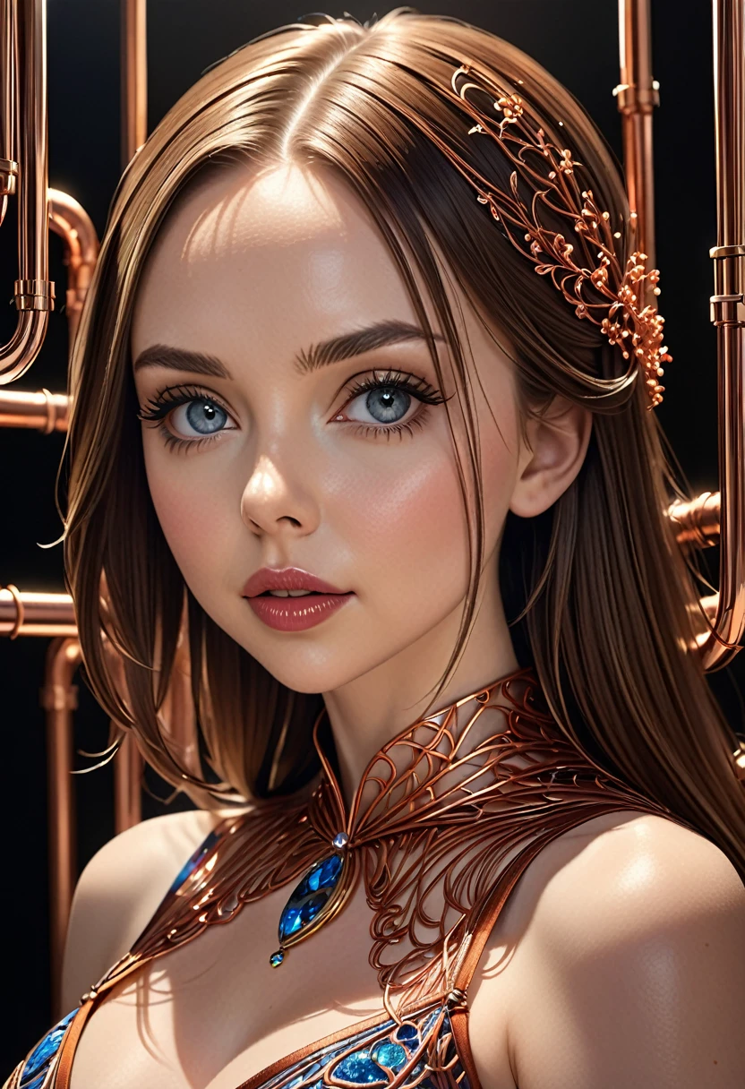 A stunning woman with hair made of intricate copper piping, cascading down like a metallic waterfall. She wears a dress fashioned from delicate, interwoven copper pipes, glinting under the light. Her visage is a mesmerizing blend of Alison Brie, Scarlett Johansson, and Dove Cameron, creating a unique, symmetrical face that exudes elegance and grace. The entire scene is rendered in photorealistic quality, capturing every fine detail with stunning clarity. The overall artwork is a masterpiece, presented in 8K high resolution, showcasing the top-quality craftsmanship and artistic vision.