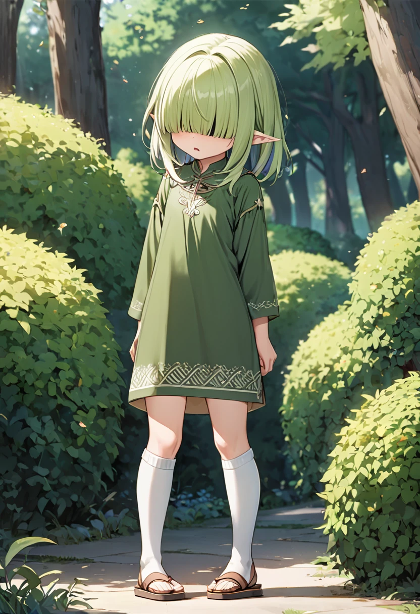 BREAK Perfect Anatomy、(High resolution:1.2)、Incredible illustrations、(Cute illustrations:1.2)、(Beautiful background(bushes in the park)) 1little girl((multicolored hair,((bangs over eyes)), ,)1girl((a girl,elf 1.5meters, 25kg,18 years old female, ((tunic,thigh-high socks, sandals),tilting head,anguish