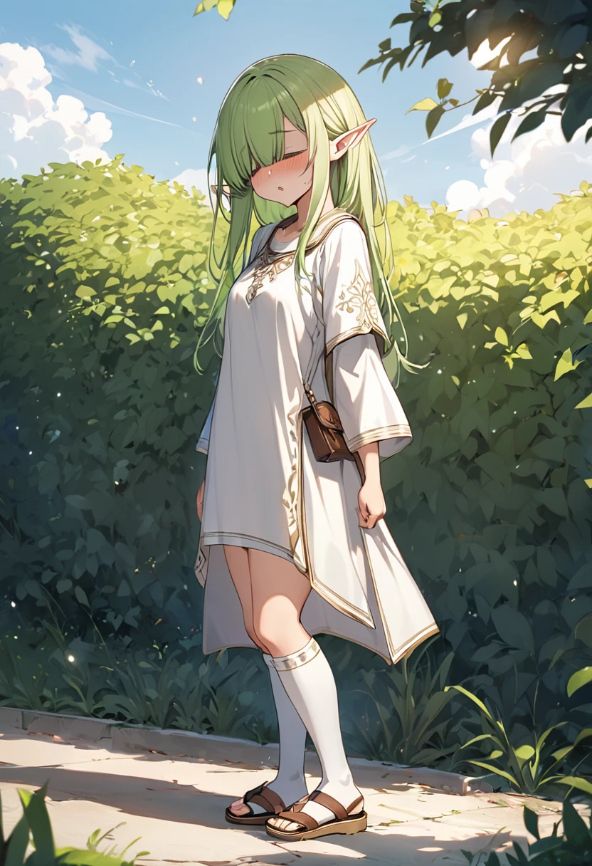BREAK Perfect Anatomy、(High resolution:1.2)、Incredible illustrations、(Cute illustrations:1.2)、(Beautiful background(bushes in the park)) 1little girl((multicolored hair,((bangs over eyes)), ,)1girl((a girl,elf 1.5meters, 25kg,18 years old female, ((tunic,thigh-high socks, sandals),tilting head,anguish