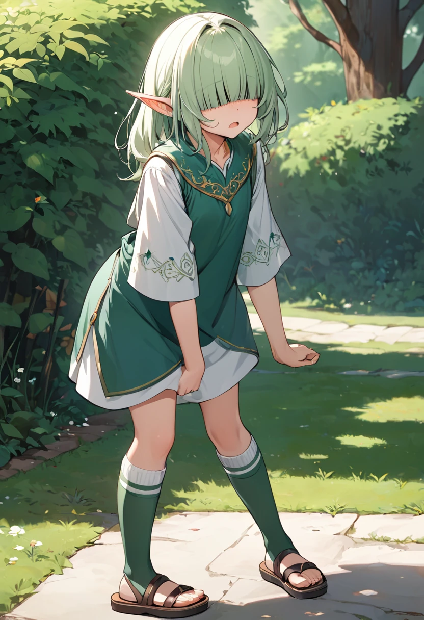 BREAK Perfect Anatomy、(High resolution:1.2)、Incredible illustrations、(Cute illustrations:1.2)、（Beautiful background（bushes in the park)) 1little girl((multicolored hair,((bangs over eyes)), ,)1girl((a girl,elf 1.5meters, 25kg,18 years old female, ((tunic,thigh-high socks, sandals),tilting head,anguish