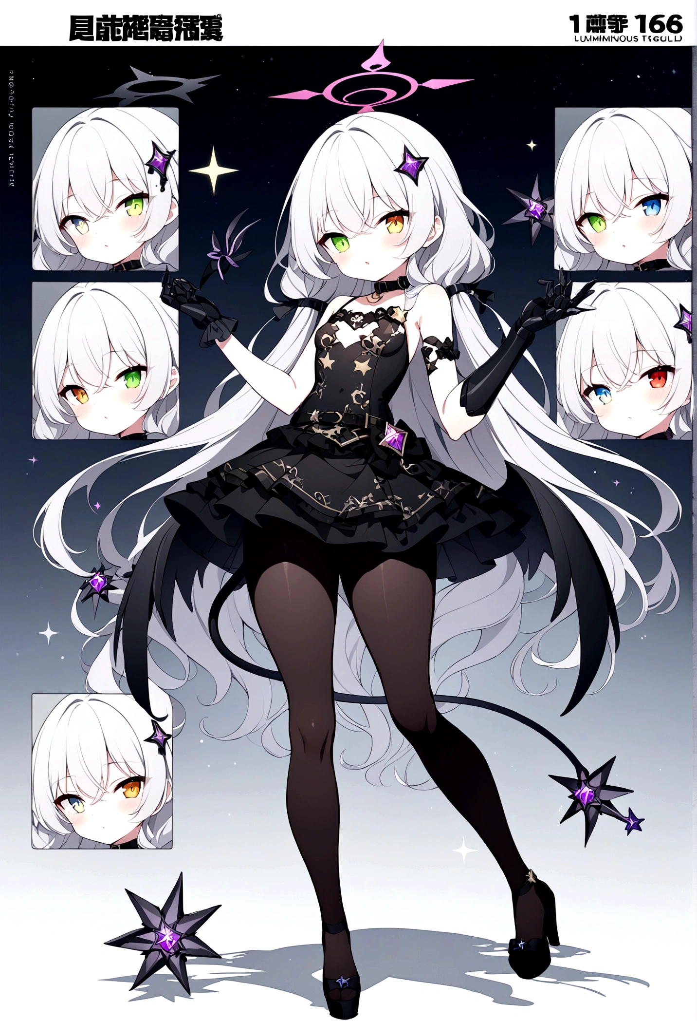 woman 160 cm tall, slim build. (character design sheet: front view). Knee Length Wavy Long Gray Hair. (heterochromia: one light green eye and one amber eye), she has little ribbons in her hair, crescent-shaped barrette on the right side of the hair. extremely detailed face, small face, Beautiful detailed eyes, beautiful detailed lips. adorable, extremely detailed legs, (Best Quality, 4k, 8k, high resolution), ultra detailed, Exquisite and epic character art. Black high stockings with gold star print. Black platform heels, One-piece dress with low waist and ruffles. black mechanical arms up to the forearm, dark gray belt at the waist with a small platinum blue crescent, black collar on the neck. He has a pair of short angel wings on his back that are dark blue and black.. It has a succubus tail that ends in a heart shape at the tip. Wide hips. Wears a luminous gray and black halo with rose patterns. (small chest size).