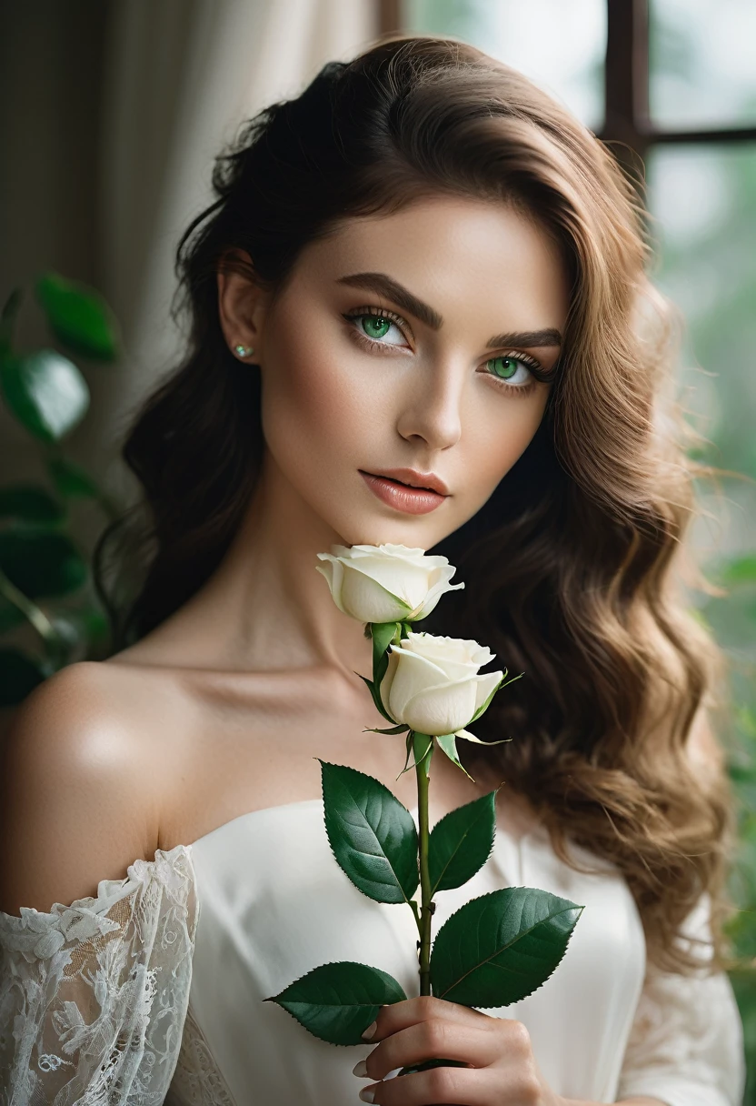 a woman with green eyes, flawless skin, half body shot, holding a white rose, whimsical photography style, captured with an Arriflex 35BL camera using Canon K25 prime lenses, cinematic, dramatic lighting, ultra clear, breathtaking surreal masterpiece.