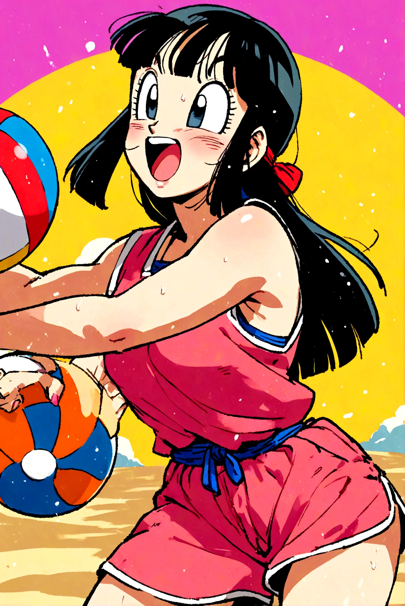1boy, male focus, piccolo, dragon ball, playing beach volleyball