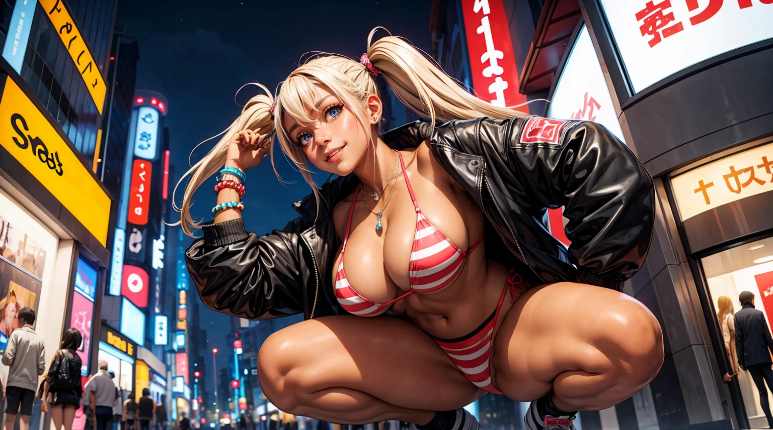 (masterpiece, best quality), (from below), 1 girl, perfect body, big breasts, woman, Ganguro, bikini top, jacket, mini skirt, panties, necklace, Bracelets, Twintails, Posture crouching, city streets, Harajuku, late night