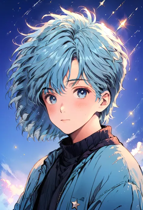 looking up at the winter starry sky、image of a young and handsome boy with light blue hair, shooting stars cross the sky.