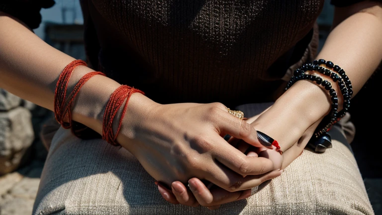red thread bracelet on hand, Luck, wealth, black beads, protection high quality, masterpiece, detailed