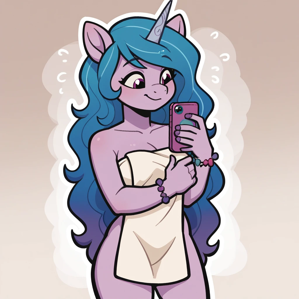 score_9_presence, score_8_up, Izzy Moonbow, unicorn, mlp, G5, wrapped in towel, medium breasts, holding phone