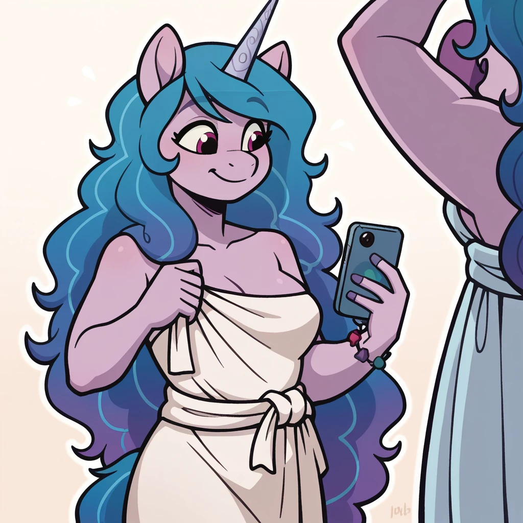 score_9_presence, score_8_up, Izzy Moonbow, unicorn, mlp, G5, wrapped in towel, medium breasts, holding phone