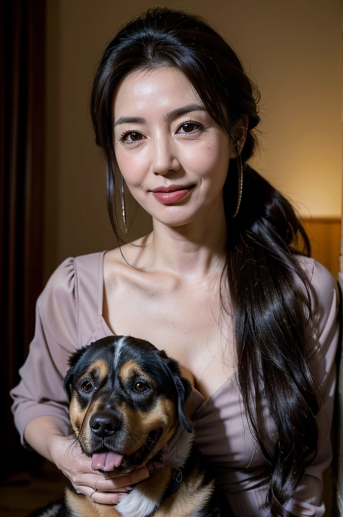 (masterpiece:1.4),((1 woman and 1 dog : 1.5)), (((portrait of mature woman and her big dog : 1.4))), (62-year-old woman:1.5), (Facial wrinkles : 1.2), Nasolabial folds, (looking at viewer : 1), (smirking : 1.3), pores, dull skin, skin blemishes, (long beautiful hair), large saggy breasts, plump body, (elegant lady), (classy formal dress), detailed backgrounds, (Old Western-style building), (dim atmosphere), gloomy, dark lighting, (dog's tongue), hugging a dog, kissing a dog