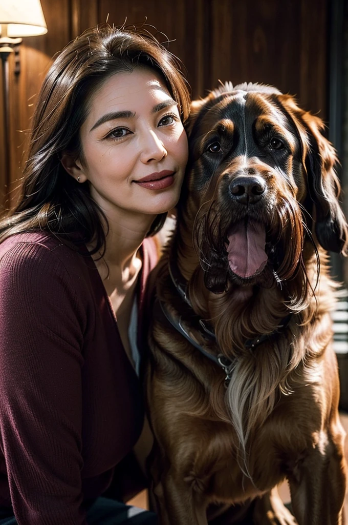 (masterpiece:1.4),((1 woman and 1 dog : 1.5)), (((portrait of mature woman and her big dog : 1.4))), (62-year-old woman:1.5), (Facial wrinkles : 1.2), Nasolabial folds, (looking at viewer : 1), (smirking : 1.3), pores, dull skin, skin blemishes, (long beautiful hair), large saggy breasts, plump body, (elegant lady), (classy formal dress), detailed backgrounds, (Old Western-style building), (dim atmosphere), gloomy, dark lighting, (dog's tongue), hugging a dog, kissing a dog
