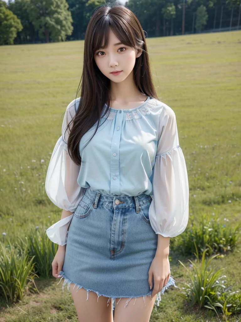 Denim skirt 、Chiffon blouse、(Highest quality)、((Very detailed))、4K、(8K)、masterpiece、Very detailedな、Highest quality、Super Resolution、1 person、Kind Face、Soft Light、RAW quality、Soft Skin、163cm、30 years old、knees、grass